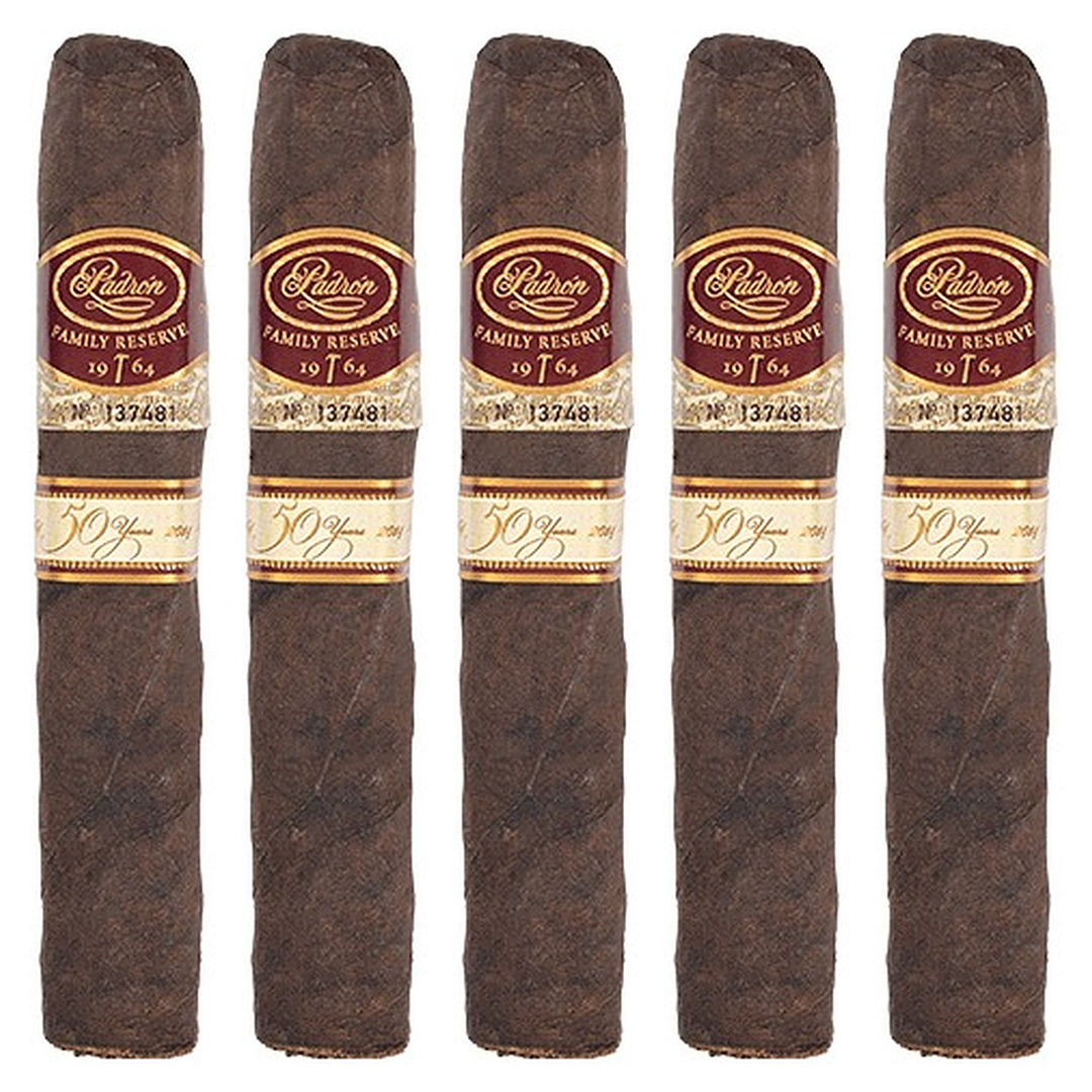 Five Padron Family Reserve No. 50 Maduro cigars, 5 × 54, lined up side by side