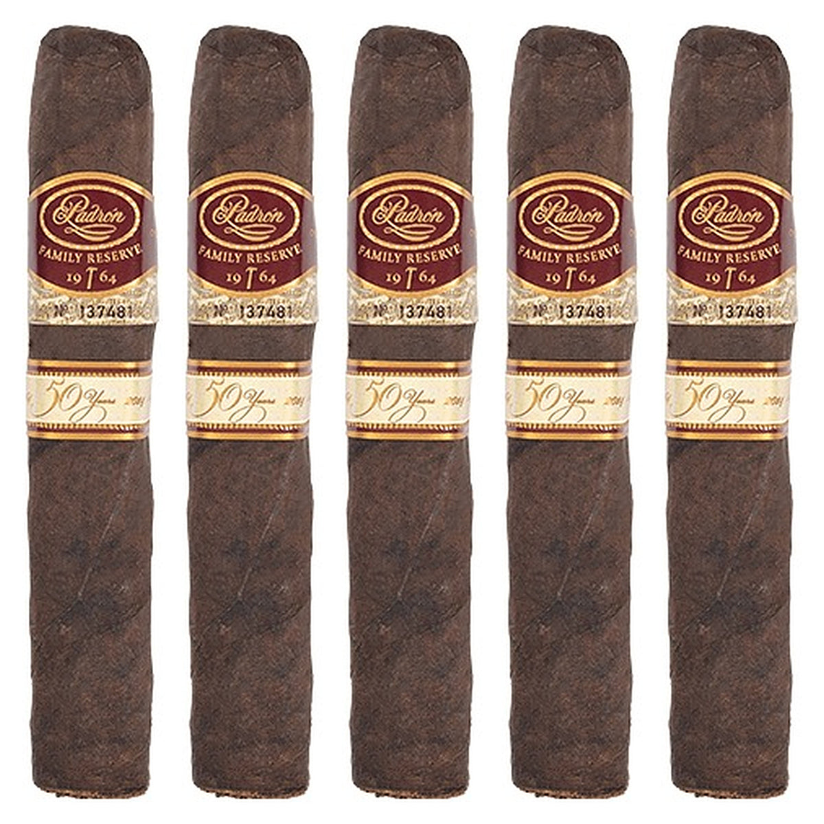 Five Padron Family Reserve No. 50 Maduro cigars, 5 × 54, lined up side by side