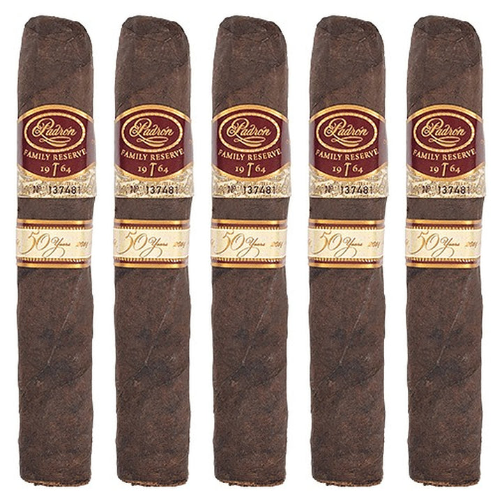 Five Padron Family Reserve No. 50 Maduro cigars, 5 × 54, lined up side by side