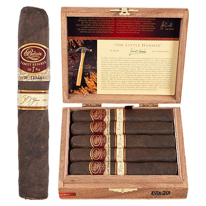 Padron Family Reserve No. 50 Maduro cigar, 5 × 54, with Nicaraguan maduro wrapper, beside its open box of 10