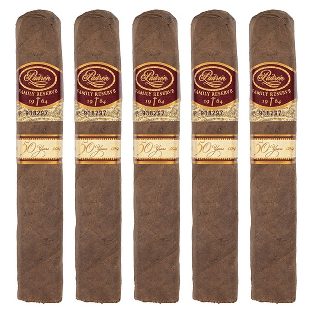 Five Padron Family Reserve No. 50 Natural cigars, 5 × 54, lined up side by side