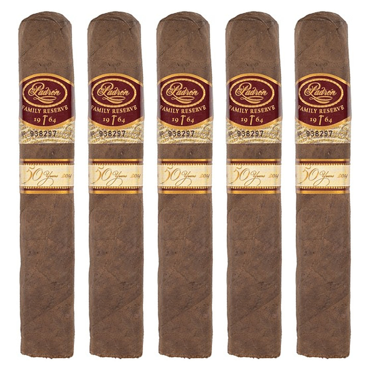 Five Padron Family Reserve No. 50 Natural cigars, 5 × 54, lined up side by side