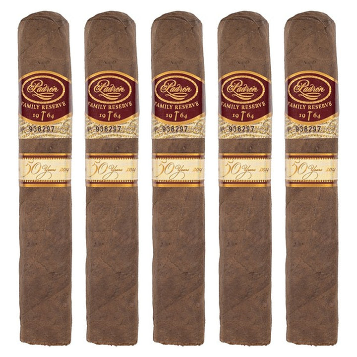 Five Padron Family Reserve No. 50 Natural cigars, 5 × 54, lined up side by side