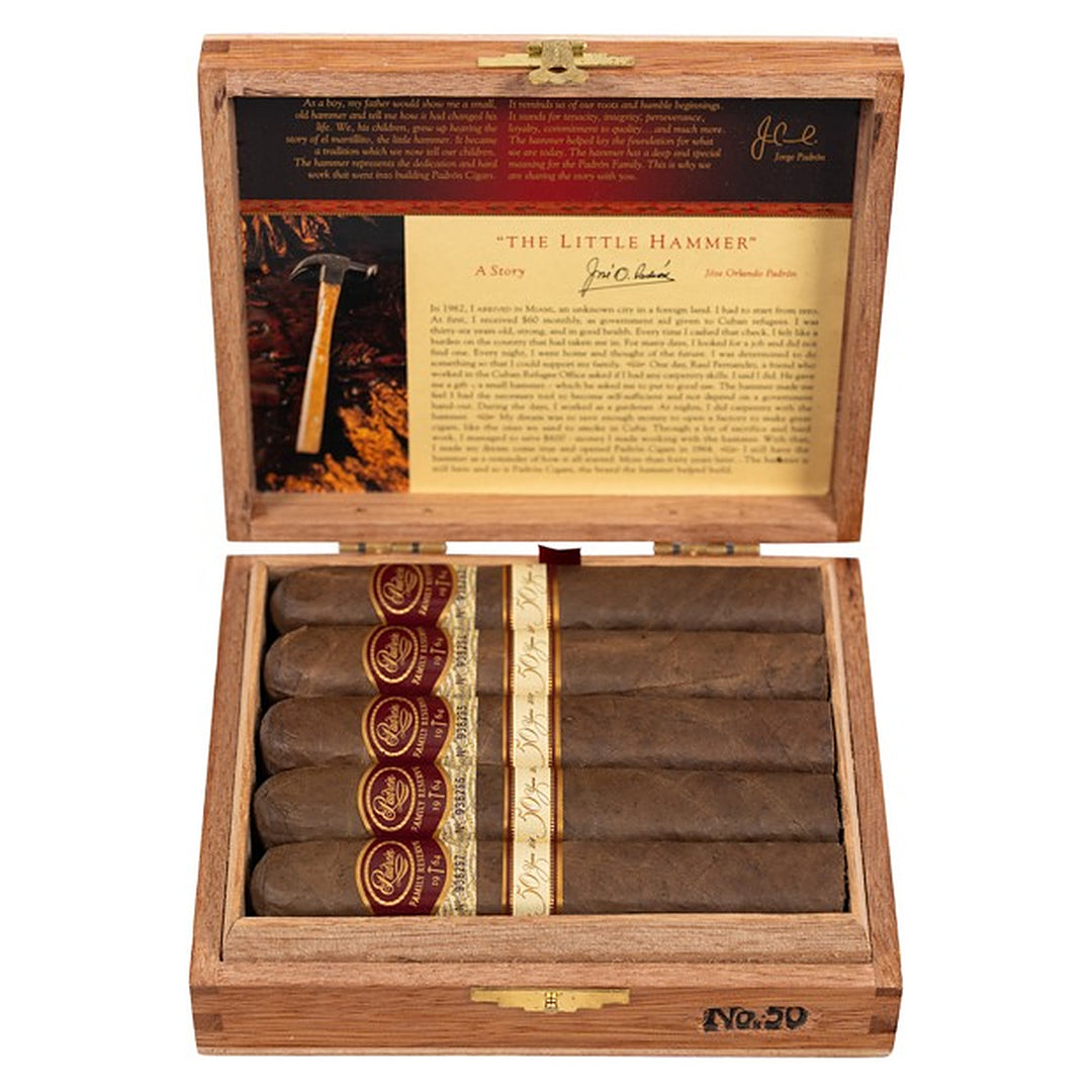 Open box of 10 Padron Family Reserve No. 50 Natural cigars