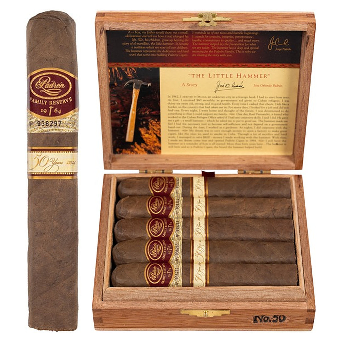 Padron Family Reserve No. 50 Natural cigar, 5 × 54, with Nicaraguan natural wrapper, beside its open box of 10