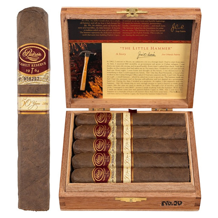 Padron Family Reserve No. 50 Natural cigar, 5 × 54, with Nicaraguan natural wrapper, beside its open box of 10