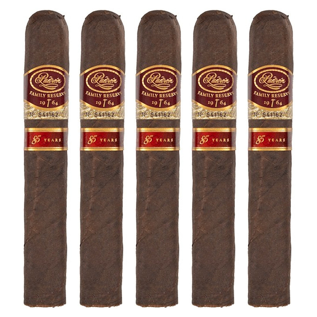 Five Padron Family Reserve No. 85 Maduro cigars, 5.25 × 50, lined up side by side
