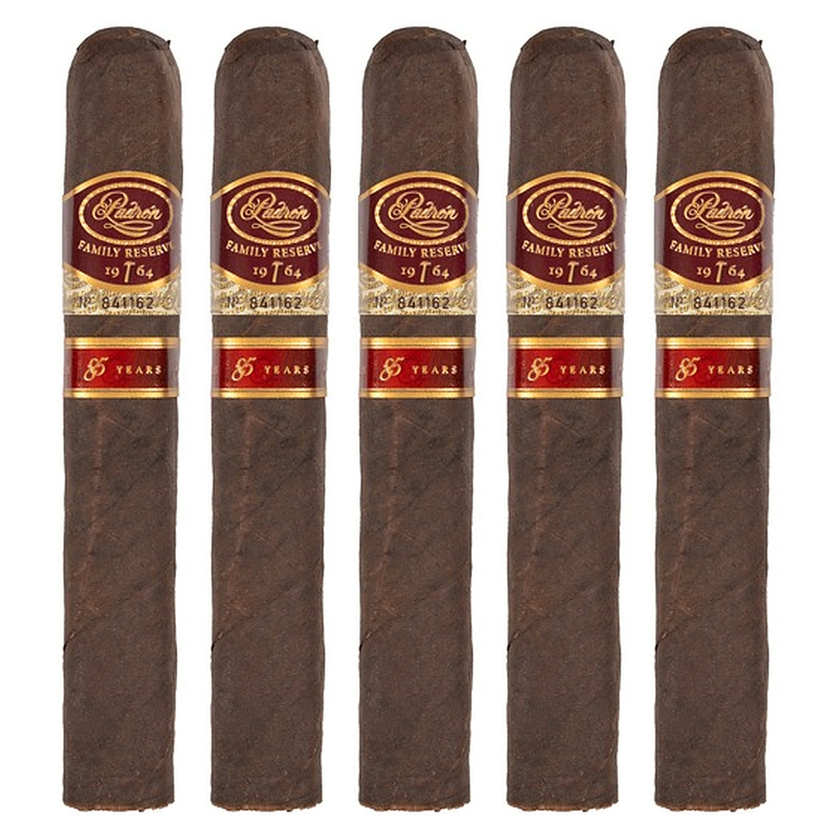 Five Padron Family Reserve No. 85 Maduro cigars, 5.25 × 50, lined up side by side