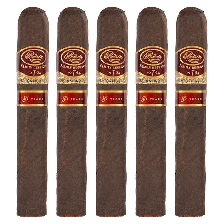 Five Padron Family Reserve No. 85 Maduro cigars, 5.25 × 50, lined up side by side