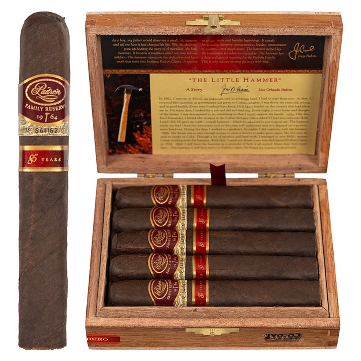 Padron Family Reserve No. 85 Maduro cigar, 5.25 × 50, with Nicaraguan maduro wrapper, beside its open box of 10