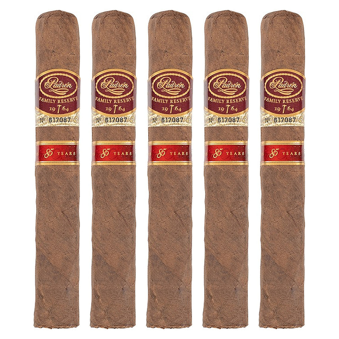 Five Padron Family Reserve No. 85 Natural cigars, 5.25 × 50, lined up side by side