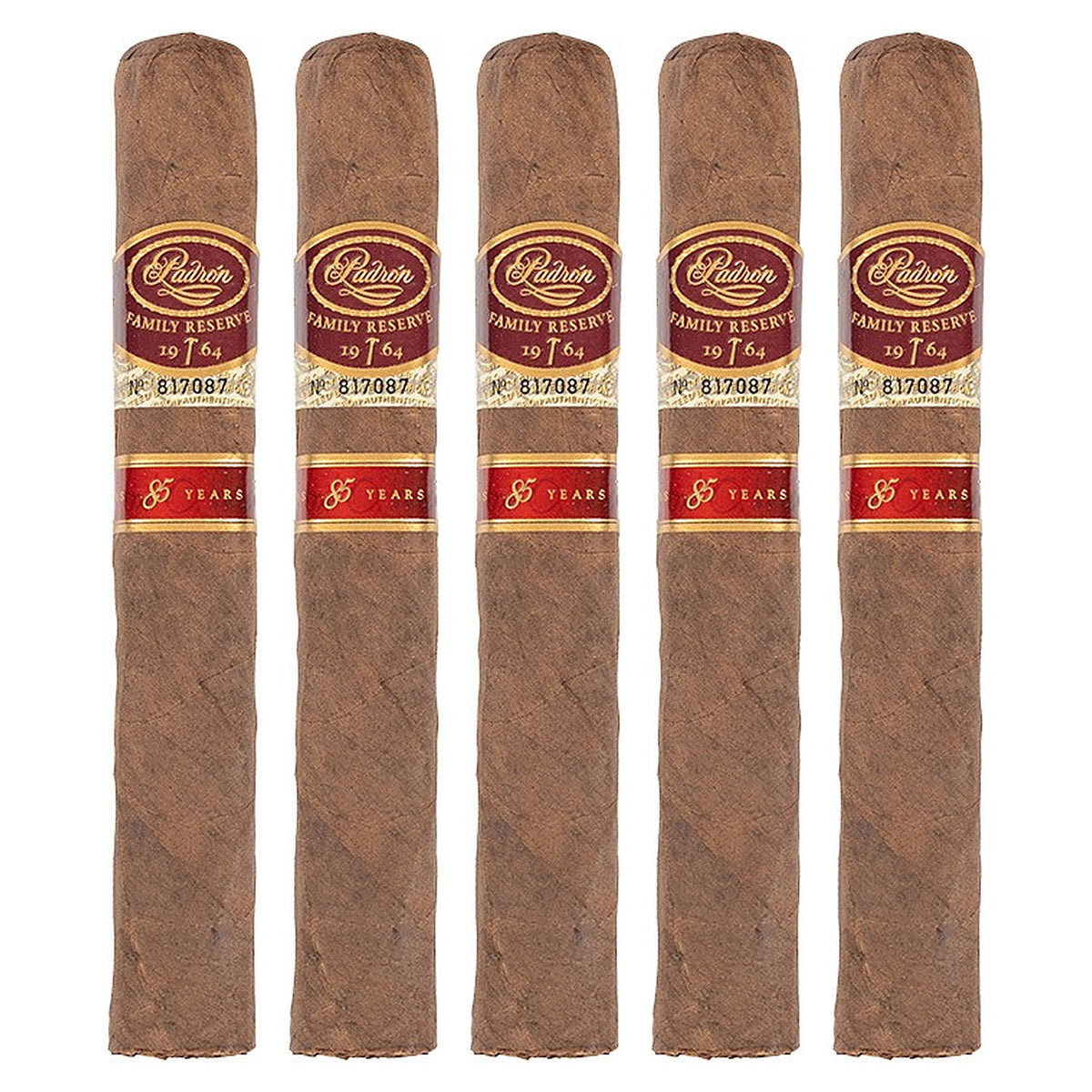 Five Padron Family Reserve No. 85 Natural cigars, 5.25 × 50, lined up side by side