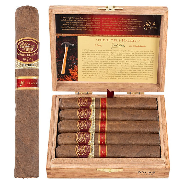 Padron Family Reserve No. 85 Natural cigar, 5.25 × 50, with Nicaraguan natural wrapper, beside its open box of 10