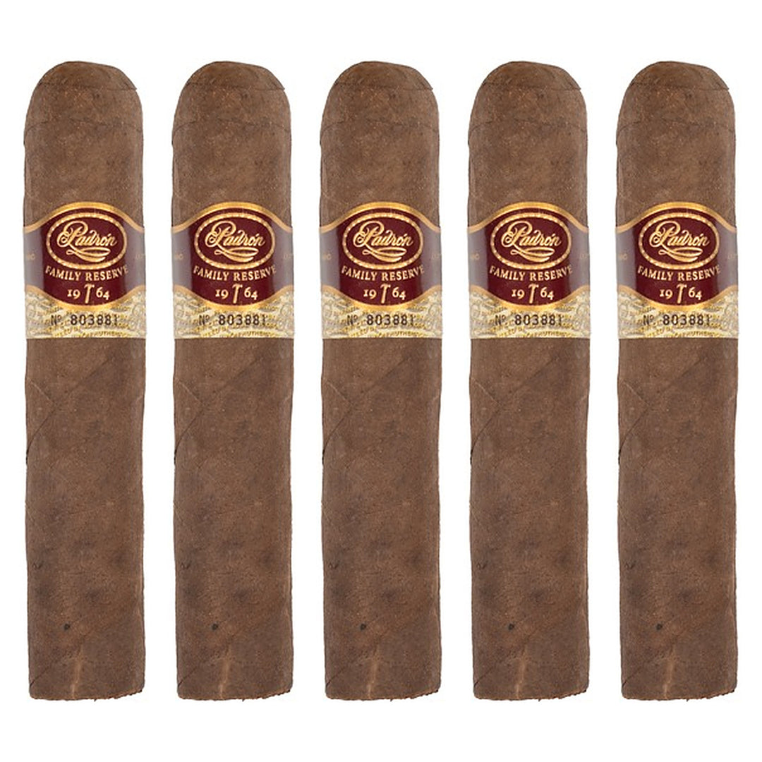 Five Padron Family Reserve No. 95 Maduro cigars, 4.75 × 60, lined up side by side