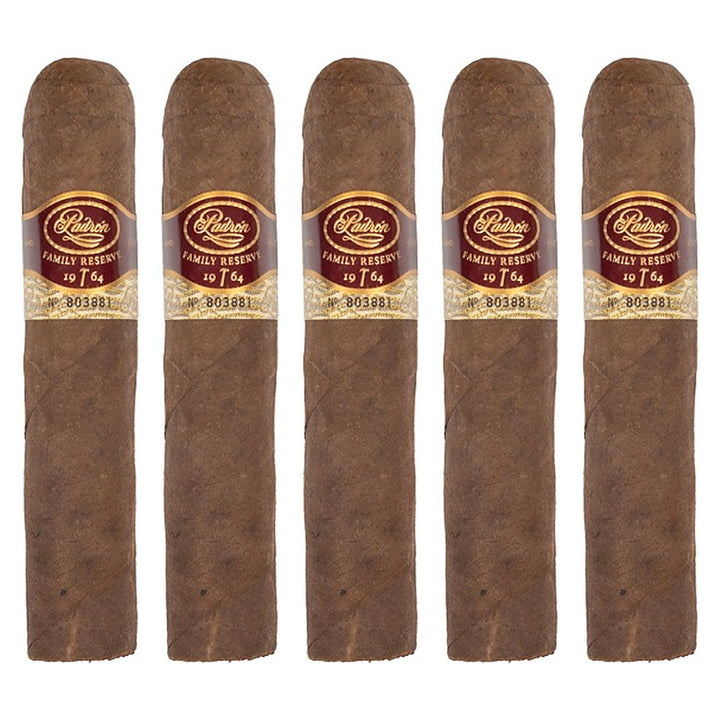 Five Padron Family Reserve No. 95 Maduro cigars, 4.75 × 60, lined up side by side