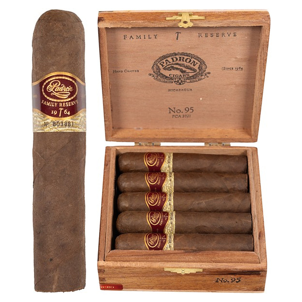 Padron Family Reserve No. 95 Maduro cigar, 4.75 × 60, with Nicaraguan maduro wrapper, beside its open box of 10