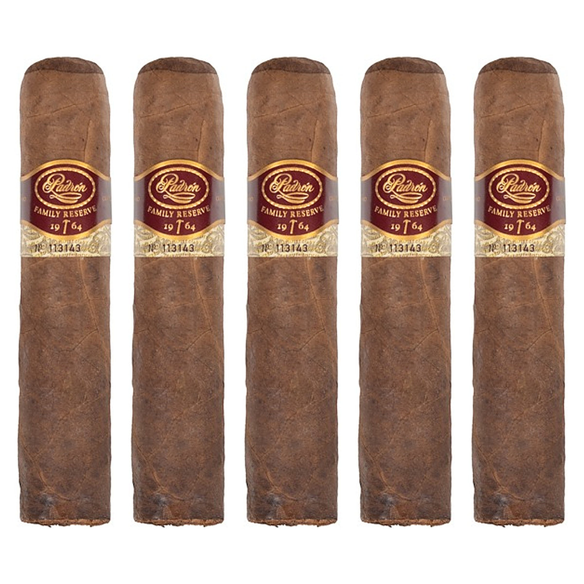 Five Padron Family Reserve No. 95 Natural cigars, 4.75 × 60, lined up side by side