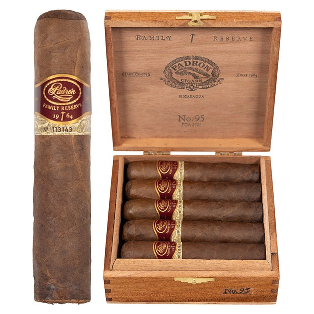 Padron Family Reserve No. 95 Natural cigar, 4.75 × 60, with Nicaraguan natural wrapper, beside its open box of 10