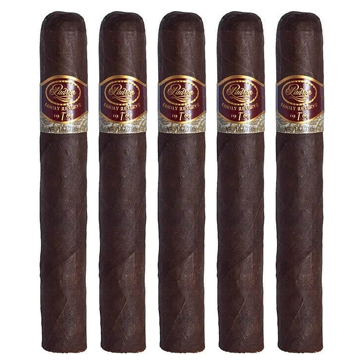 Five Padron Family Reserve No. 96 Maduro cigars, 5.75 × 52, lined up side by side