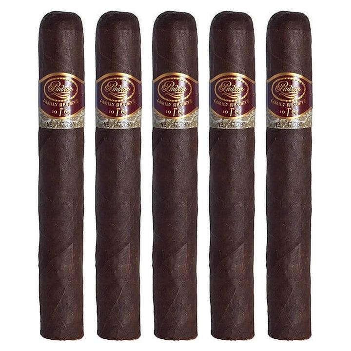 Five Padron Family Reserve No. 96 Maduro cigars, 5.75 × 52, lined up side by side