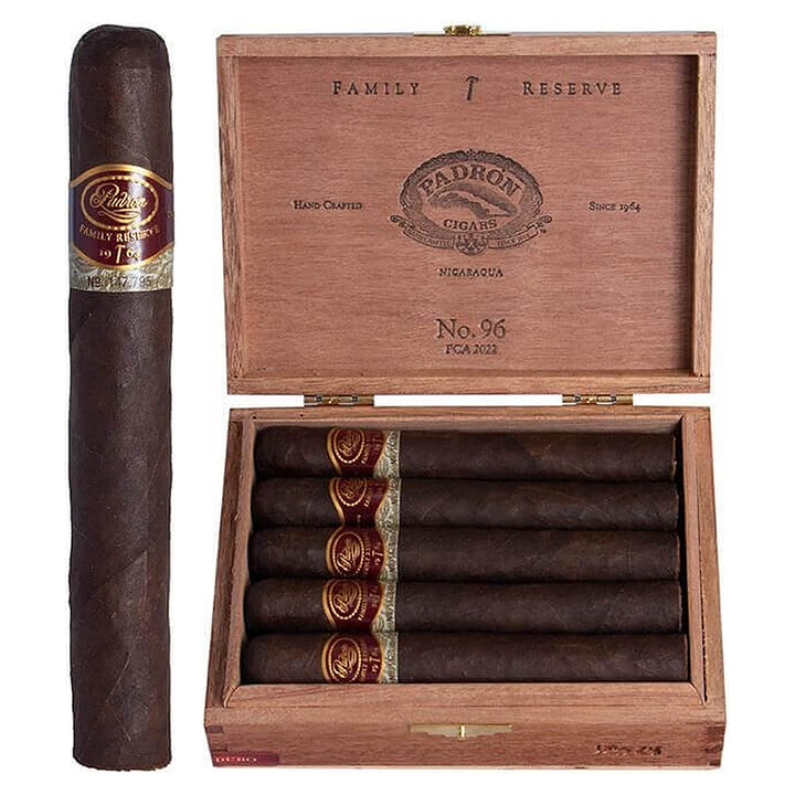 Padron Family Reserve No. 96 Maduro cigar, 5.75 × 52, with Nicaraguan maduro wrapper, beside its open box of 10