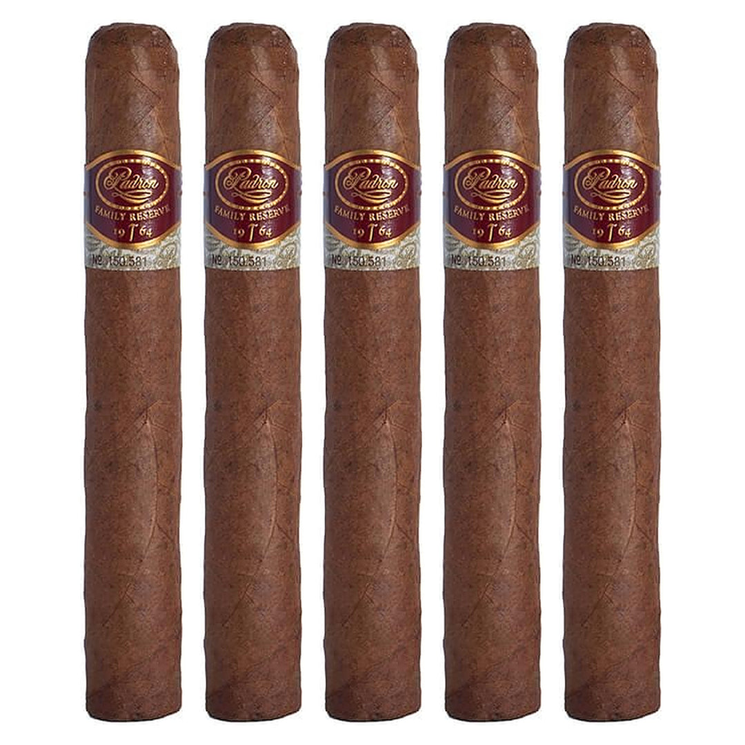 Five Padron Family Reserve No. 96 Natural cigars, 5.75 × 52, lined up side by side