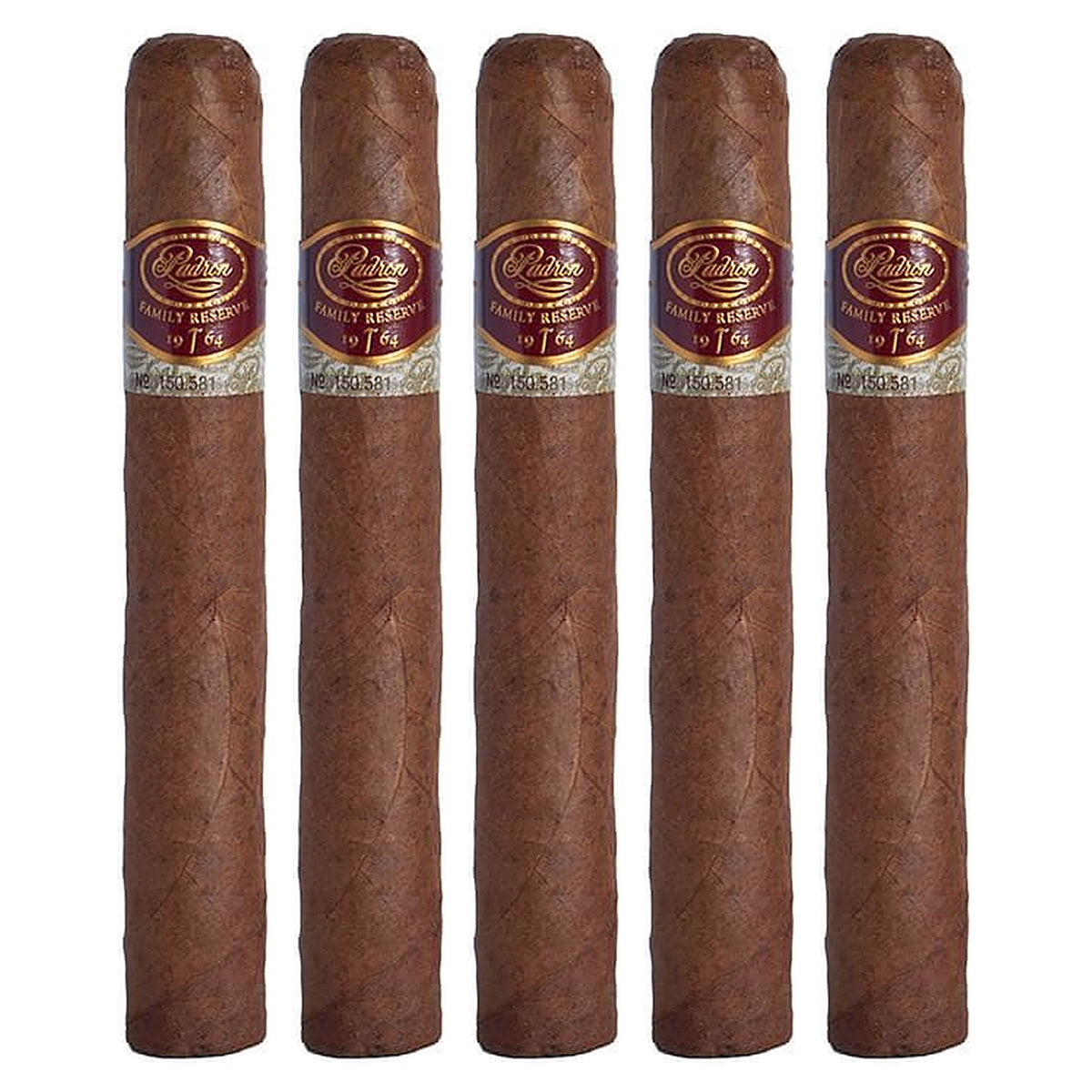 Five Padron Family Reserve No. 96 Natural cigars, 5.75 × 52, lined up side by side