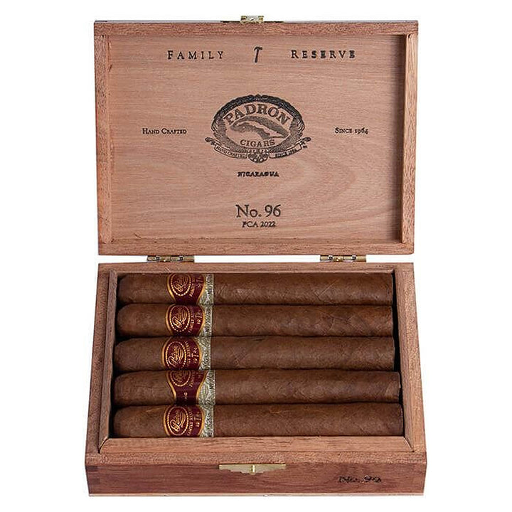 Open box of 10 Padron Family Reserve No. 96 Natural cigars