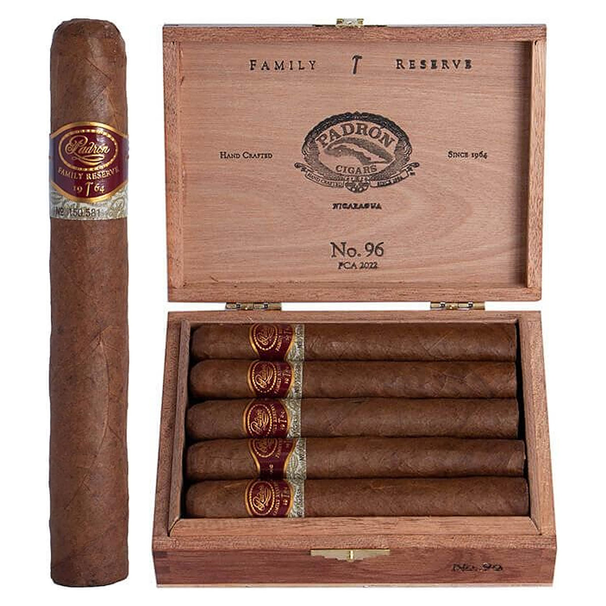 Padron Family Reserve No. 96 Natural cigar, 5.75 × 52, with Nicaraguan natural wrapper, beside its open box of 10