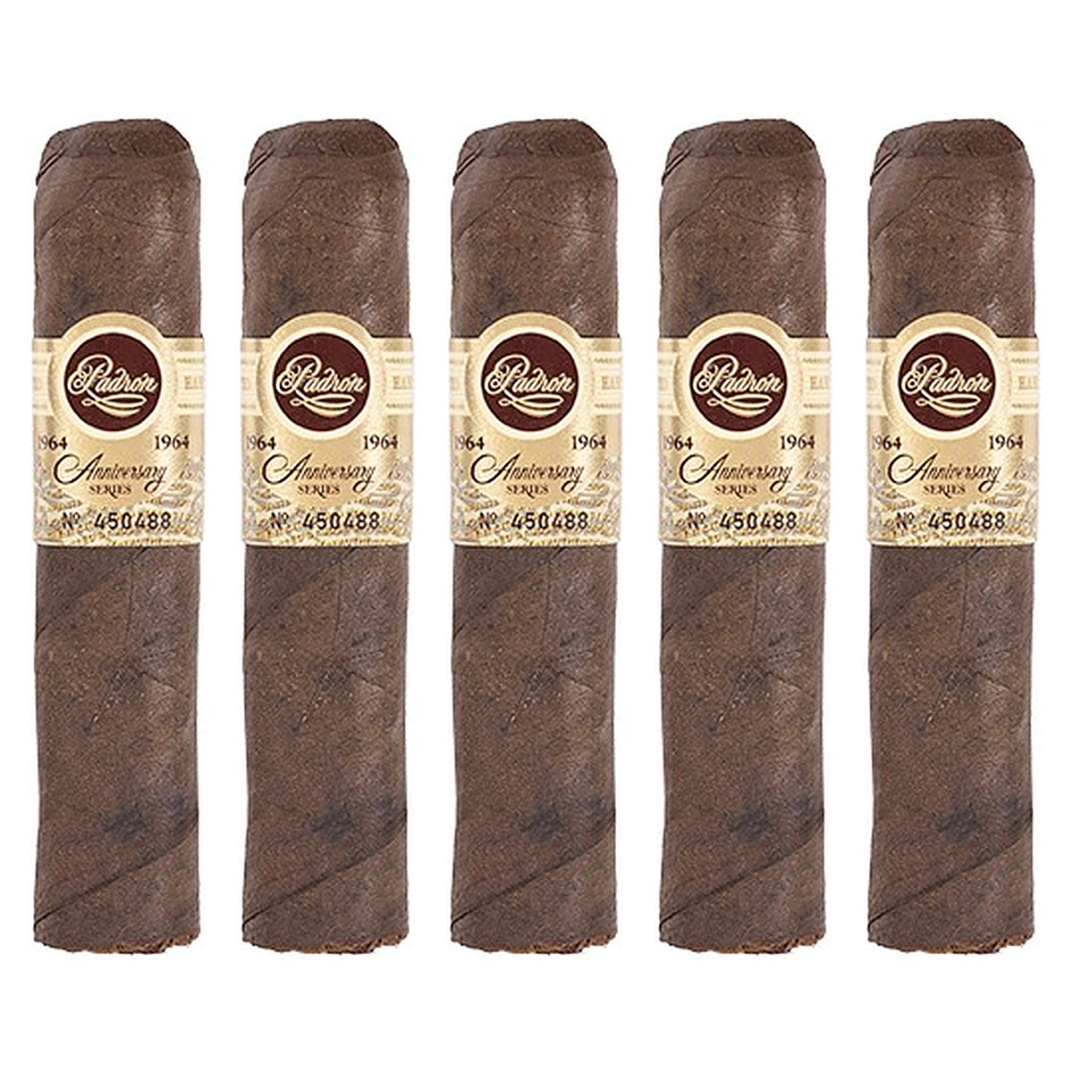 Five Padron 1964 Anniversary Series Hermoso Maduro cigars, 4 × 56, lined up side by side