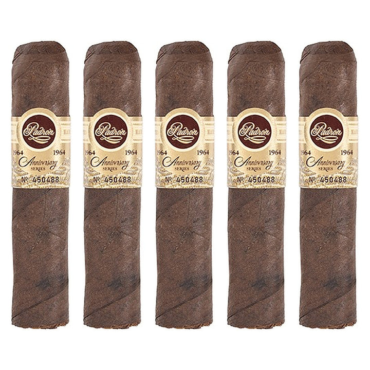 Five Padron 1964 Anniversary Series Hermoso Maduro cigars, 4 × 56, lined up side by side