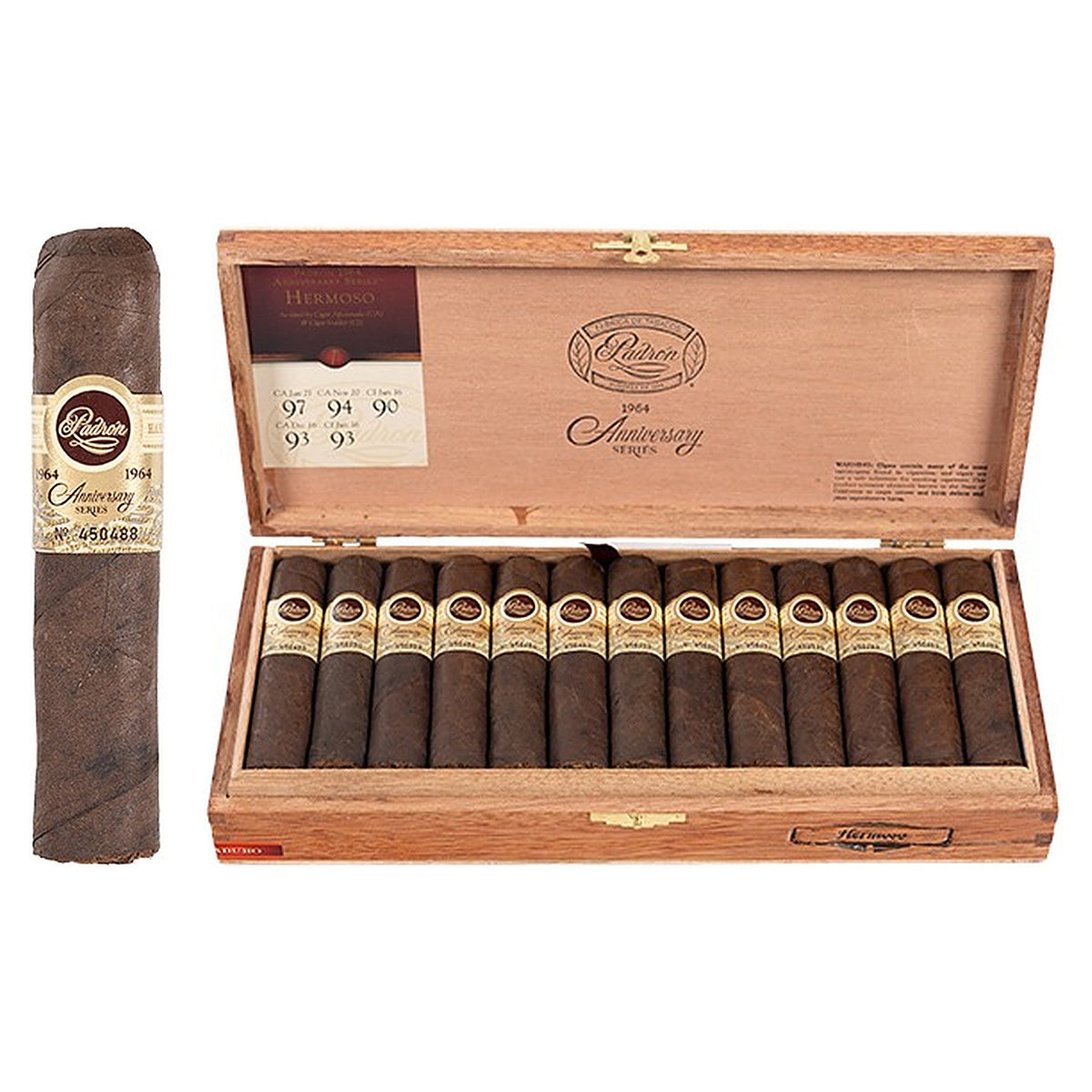 Padron 1964 Anniversary Series Hermoso Maduro cigar, 4 × 56, with Nicaraguan maduro wrapper, beside its open box of 26