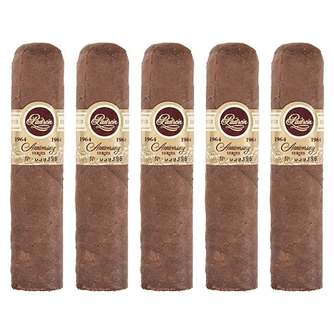 Five Padron 1964 Anniversary Series Hermoso Natural cigars, 4 × 56, lined up side by side