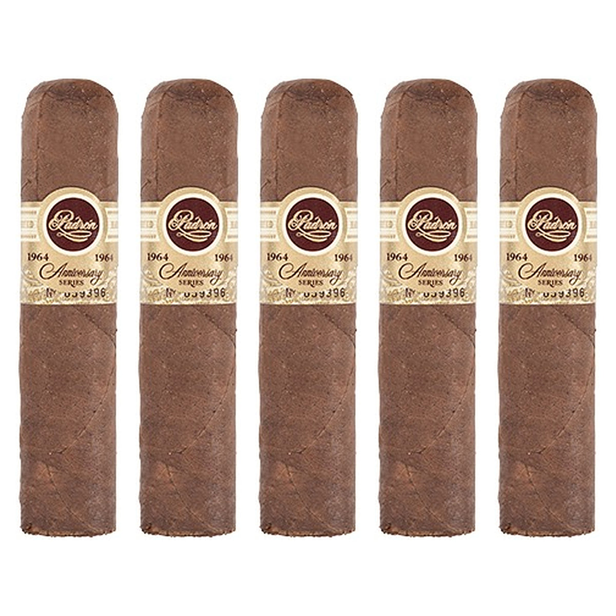 Five Padron 1964 Anniversary Series Hermoso Natural cigars, 4 × 56, lined up side by side