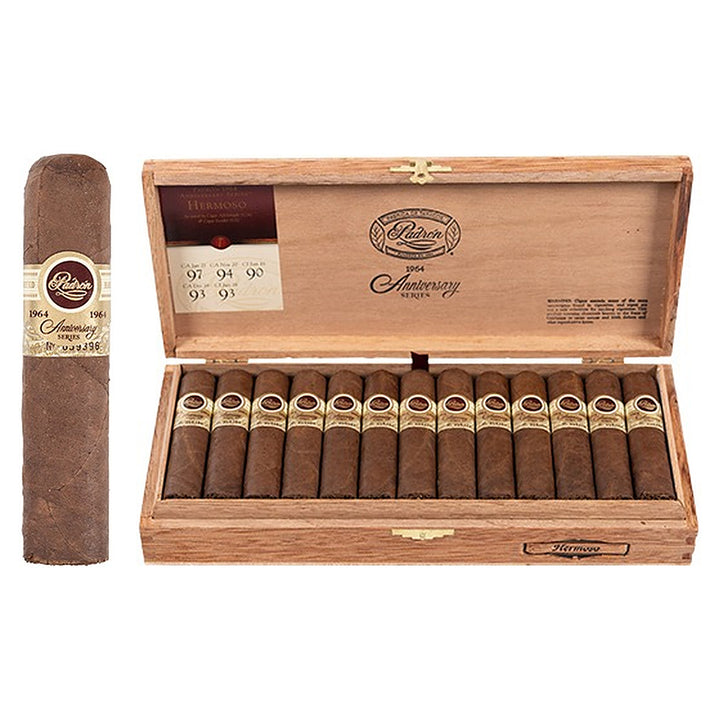 Padron 1964 Anniversary Series Hermoso Natural cigar, 4 × 56, with Nicaraguan natural wrapper, beside its open box of 26