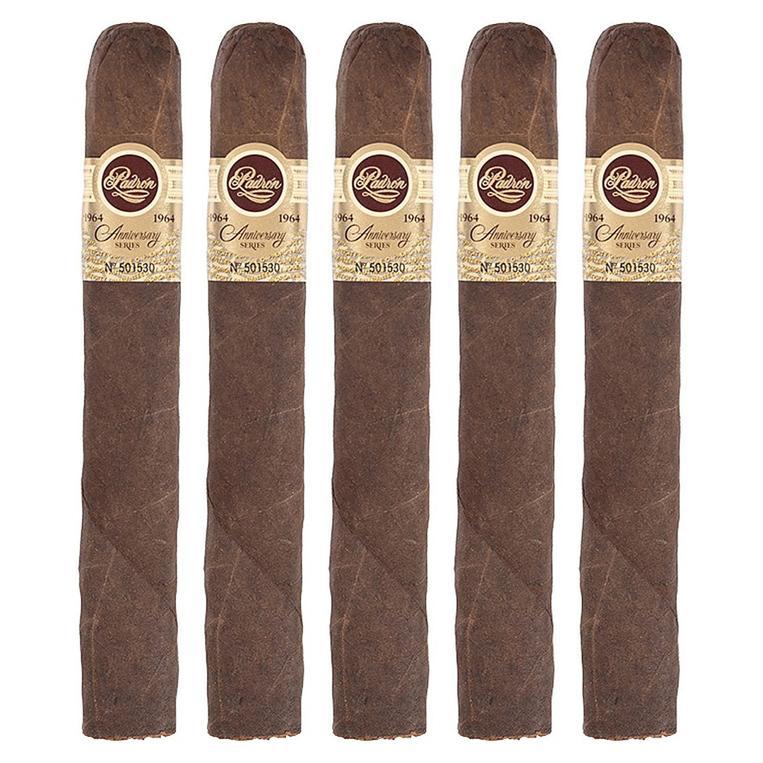 Five Padron 1964 Anniversary Series Imperial Maduro cigars, 6 × 54, lined up side by side