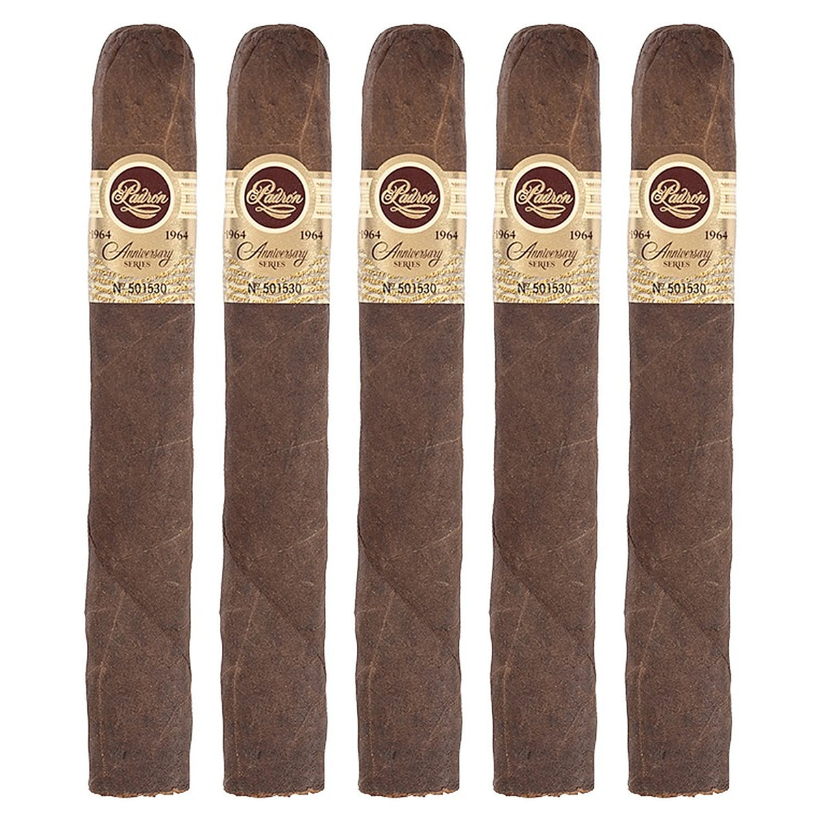 Five Padron 1964 Anniversary Series Imperial Maduro cigars, 6 × 54, lined up side by side
