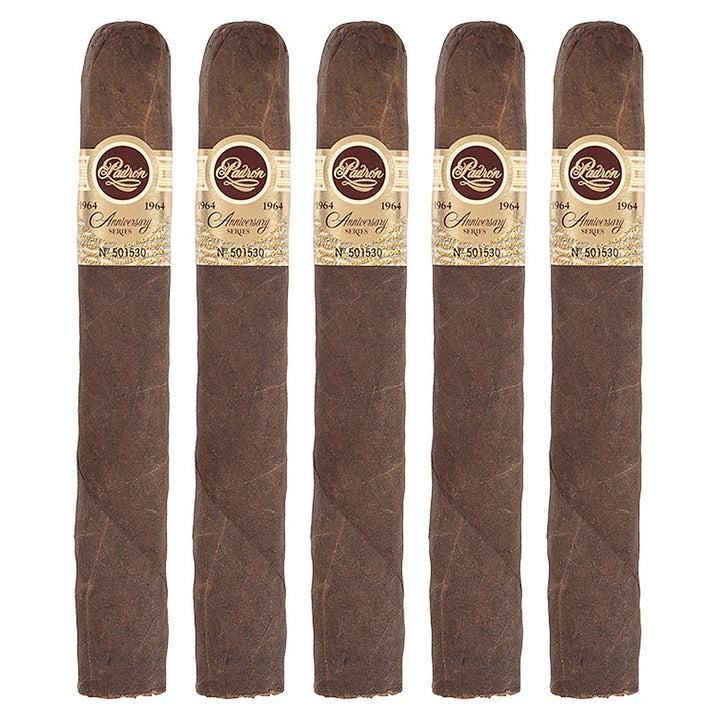 Five Padron 1964 Anniversary Series Imperial Maduro cigars, 6 × 54, lined up side by side