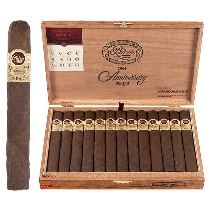 Padron 1964 Anniversary Series Imperial Maduro cigar, 6 × 54, with Nicaraguan maduro wrapper, beside its open box of 25