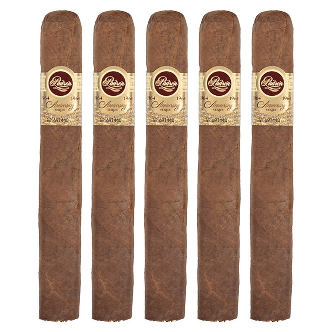 Five Padron 1964 Anniversary Series Imperial Natural cigars, 6 × 54, lined up side by side