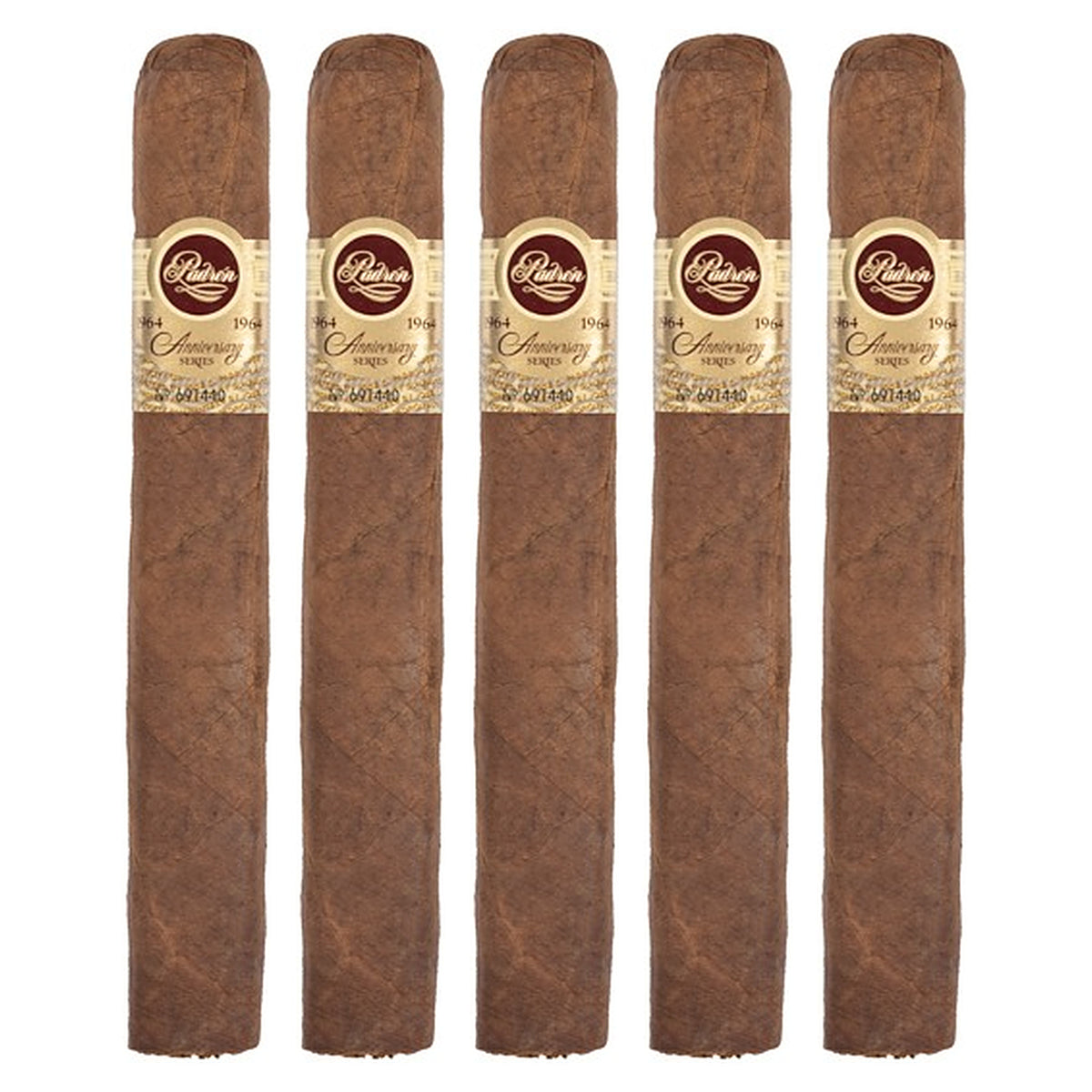 Five Padron 1964 Anniversary Series Imperial Natural cigars, 6 × 54, lined up side by side