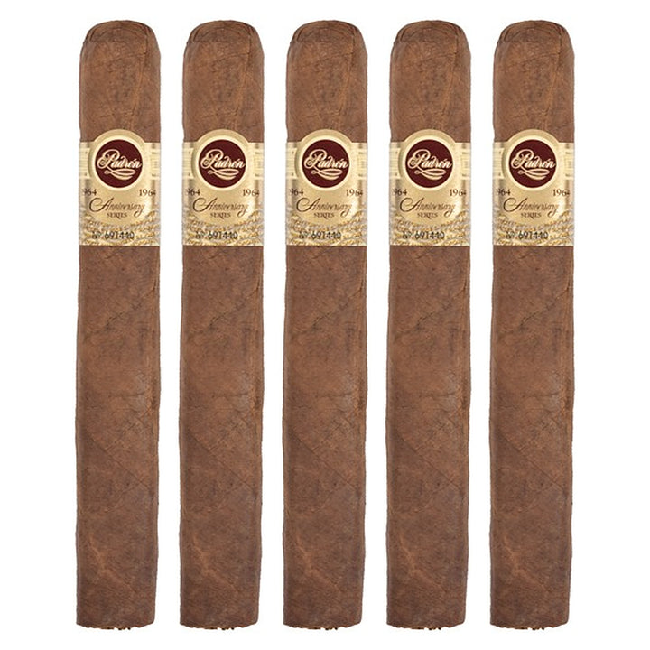 Five Padron 1964 Anniversary Series Imperial Natural cigars, 6 × 54, lined up side by side