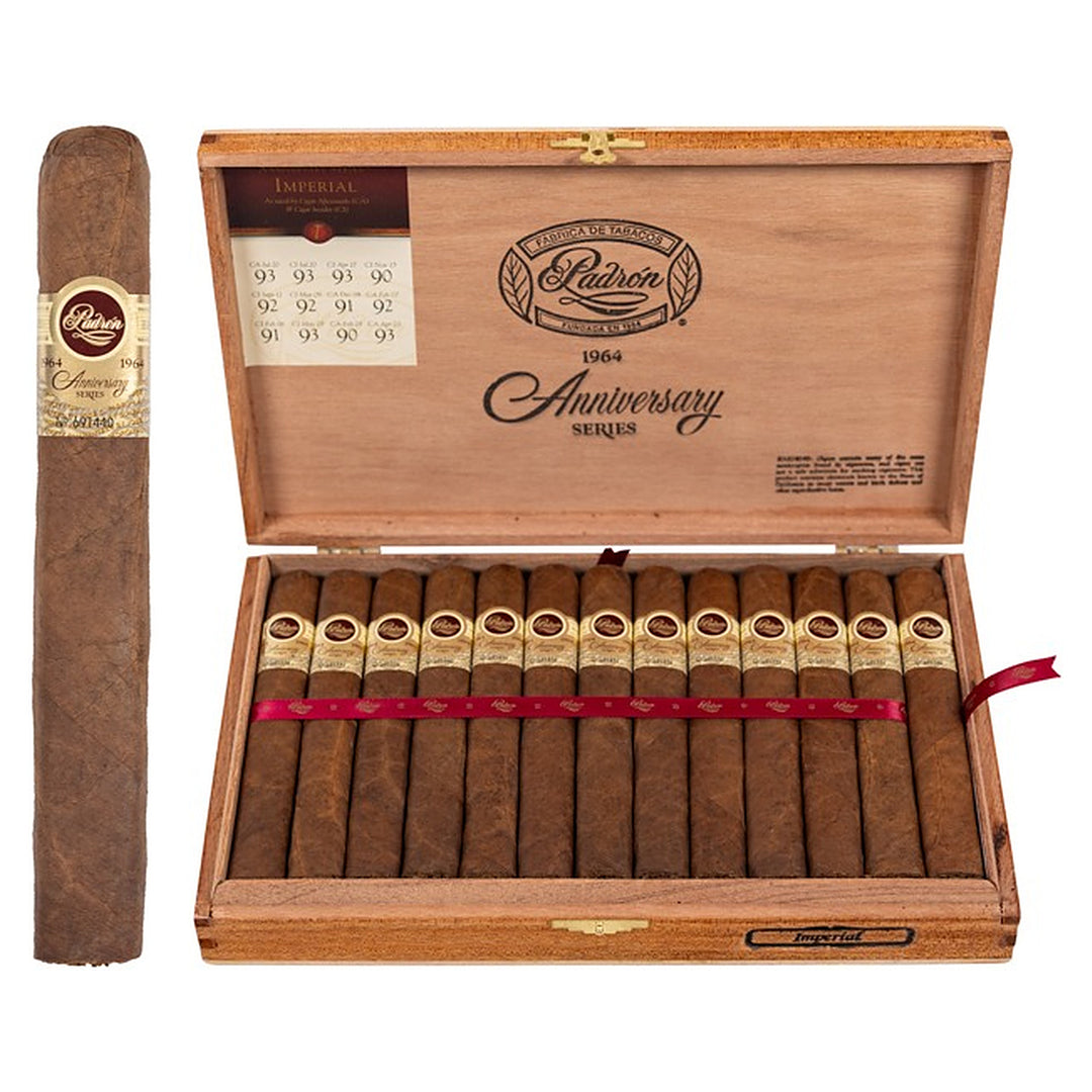 Padron 1964 Anniversary Series Imperial Natural cigar, 6 × 54, with Nicaraguan natural wrapper, beside its open box of 25
