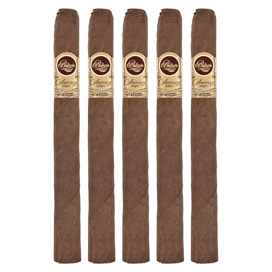 Five Padron 1964 Anniversary Series Monarca Maduro cigars, 6.5 × 46, lined up side by side