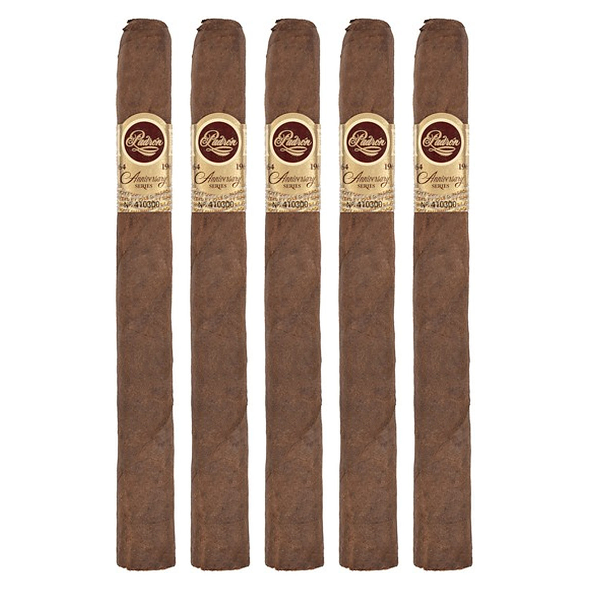 Five Padron 1964 Anniversary Series Monarca Maduro cigars, 6.5 × 46, lined up side by side