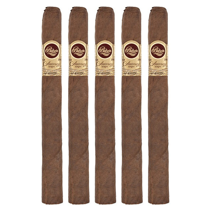 Five Padron 1964 Anniversary Series Monarca Maduro cigars, 6.5 × 46, lined up side by side