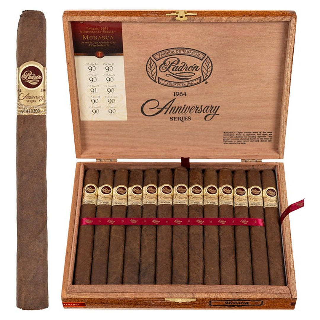 Padron 1964 Anniversary Series Monarca Maduro cigar, 6.5 × 46, with Nicaraguan maduro wrapper, beside its open box of 25