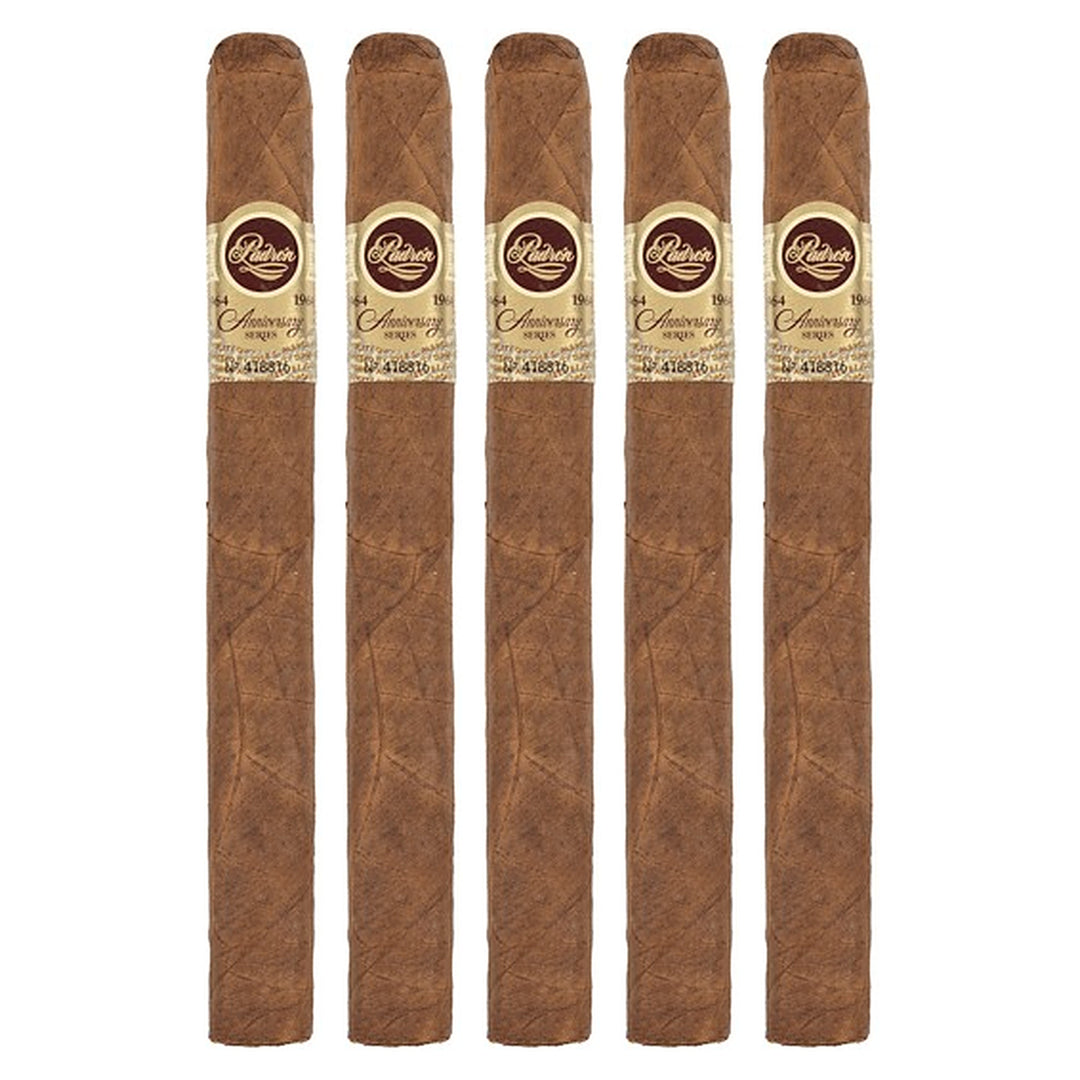 Five Padron 1964 Anniversary Series Monarca Natural cigars, 6.5 × 46, lined up side by side