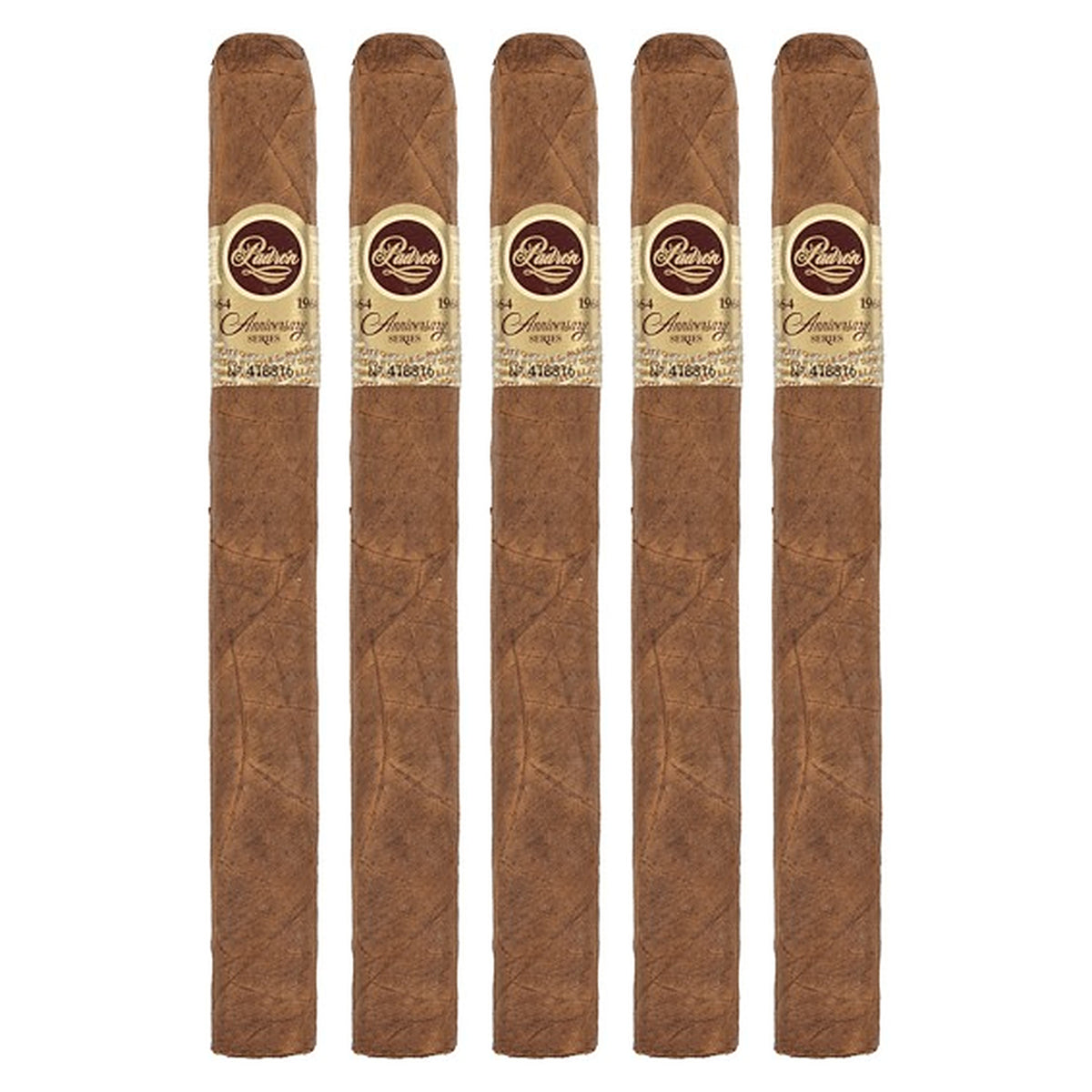 Five Padron 1964 Anniversary Series Monarca Natural cigars, 6.5 × 46, lined up side by side