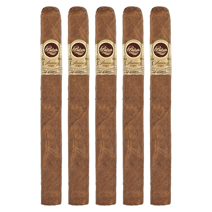 Five Padron 1964 Anniversary Series Monarca Natural cigars, 6.5 × 46, lined up side by side